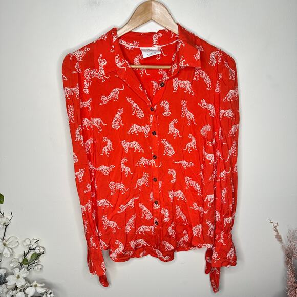 ANTHROPOLOGIE x MARGARET JEANE Tiger Print Blouse Red Sz 6 {AA38} - Picture 2 of 5